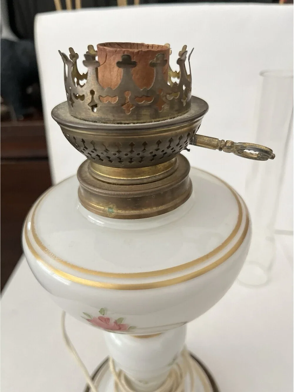 Mid-Century Vintage Kerosene Oil Lamp Porcelain Floral White Base Glass Chimney